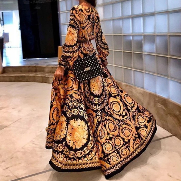 Elegant Golden Black Wrap Dress - Picture 4 of 6